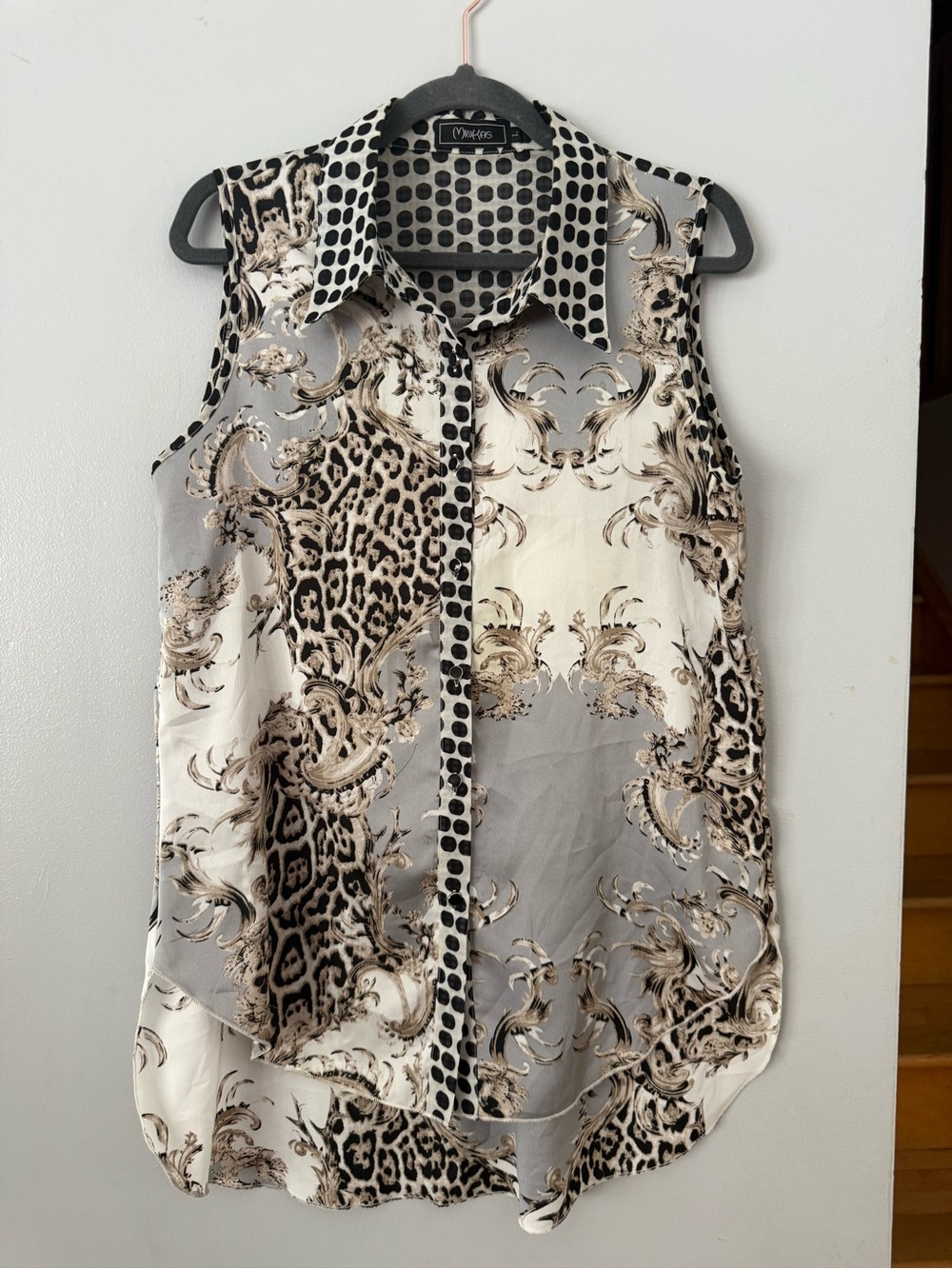 🇨🇦EUC Minkas Mixed Print Sleeveless Button-Up Patchwork Blouse - Leopard/Baroque